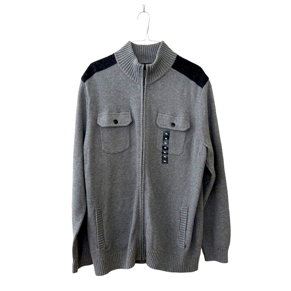 APT. 9 Smoke Heather Gray Woven Piecing 4- Pocket Sweater